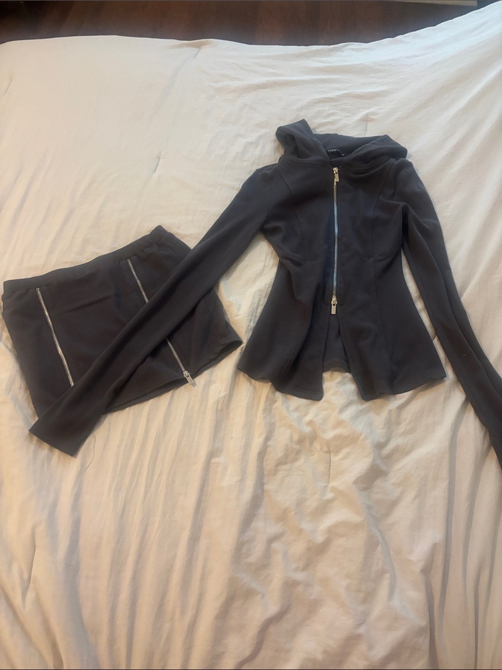 Fashion Nova Gray Hooded Zip and skort M set